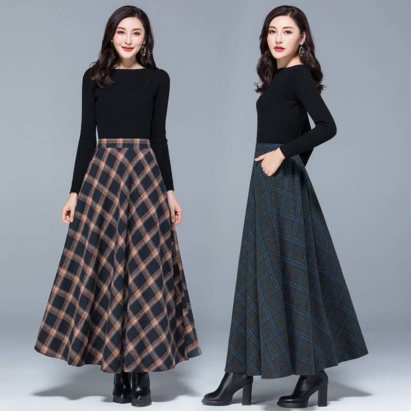 Autumn Long Wool Skirt with High Elastic Waist