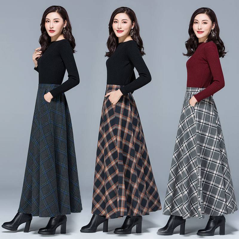 Autumn Long Wool Skirt with High Elastic Waist