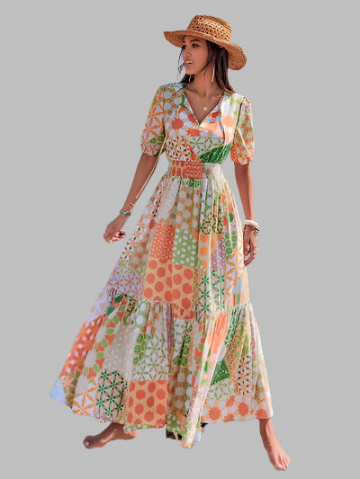 Boho Chic Printed Smocked Waist Maxi Dress