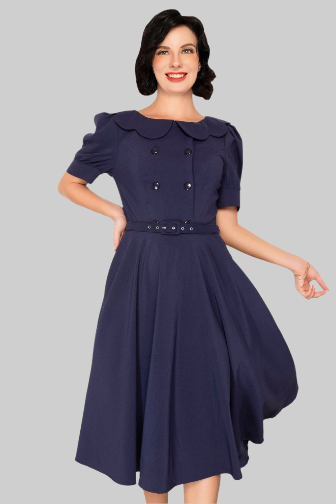 Brenda's navy blue flared dress