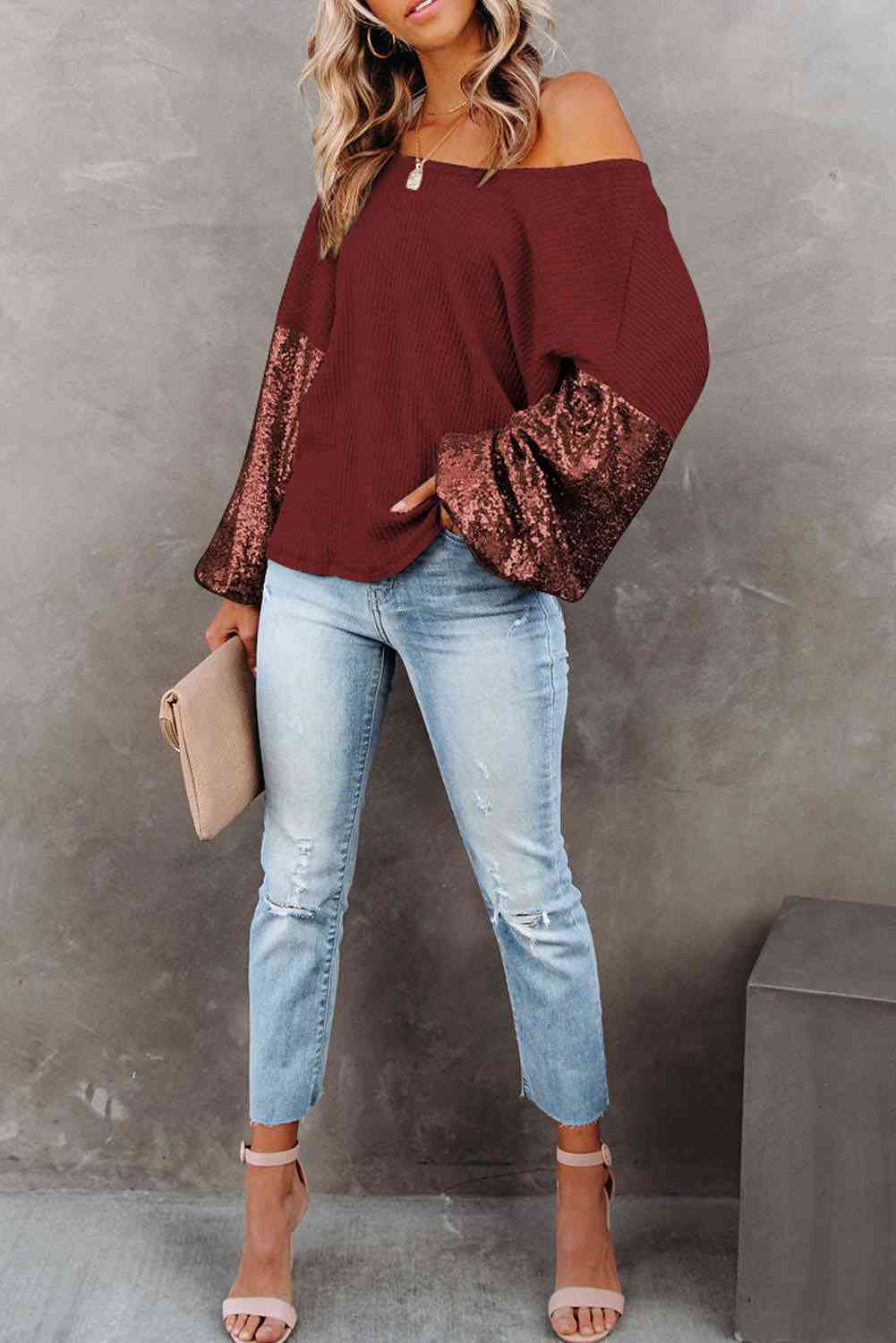 Cozy & Glamorous Sequin Waffle-Knit Blouse
