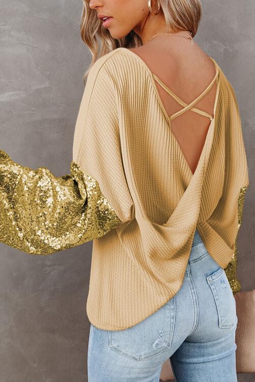 Cozy & Glamorous Sequin Waffle-Knit Blouse
