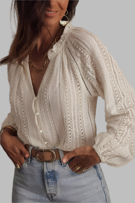 Crochet Lace Button V-Neck Knit Sweater Blouse