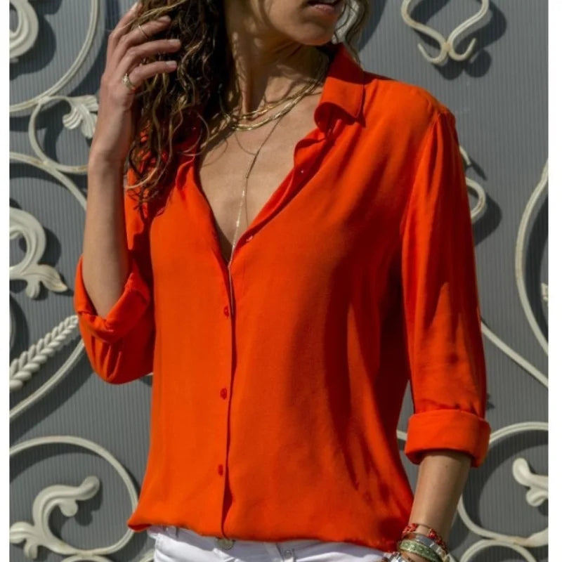 Women Elegant Solid Chiffon Blouse Spring