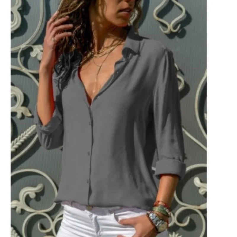 Women Elegant Solid Chiffon Blouse Spring