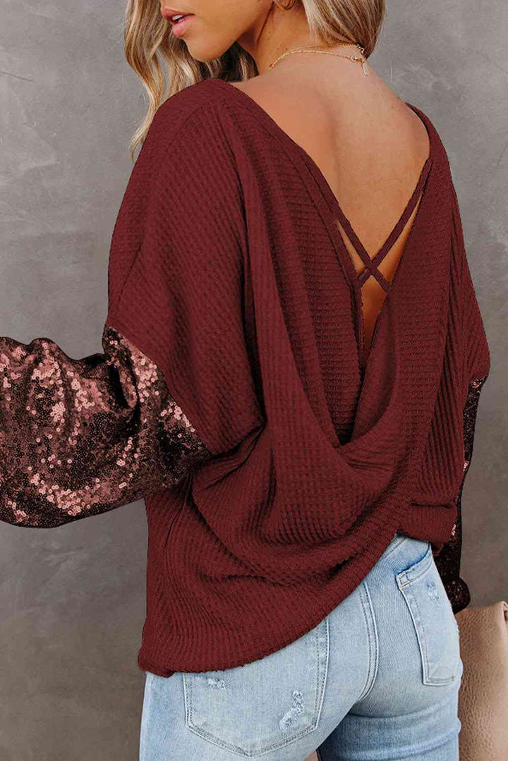 All-Over Sequin Waffle-Knit Blouse for a Dazzling Vibe
