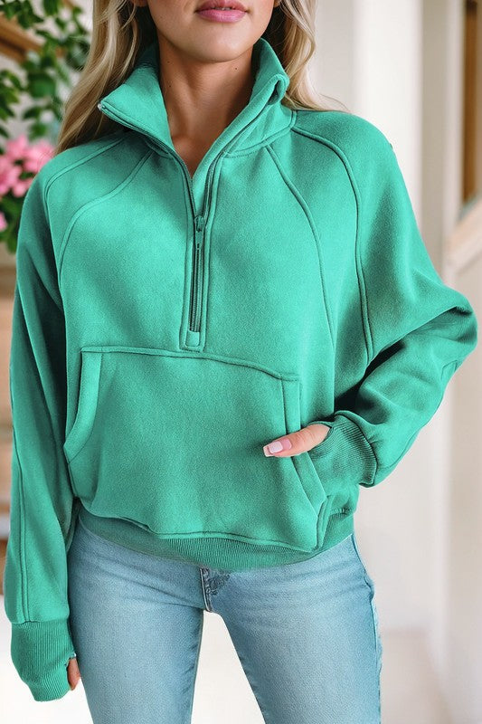 Ribbed Stand Collar Sweatshirt with Thumbhole Sleeves