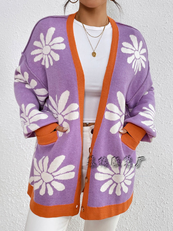 Romantic Floral Print Knit Sweater Cardigan