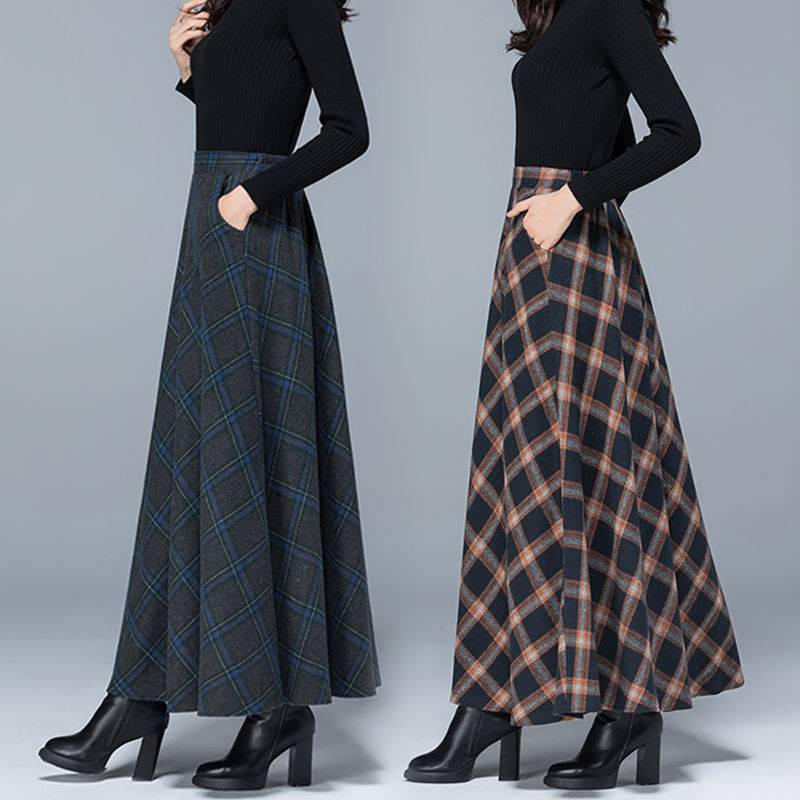 Autumn Long Wool Skirt with High Elastic Waist