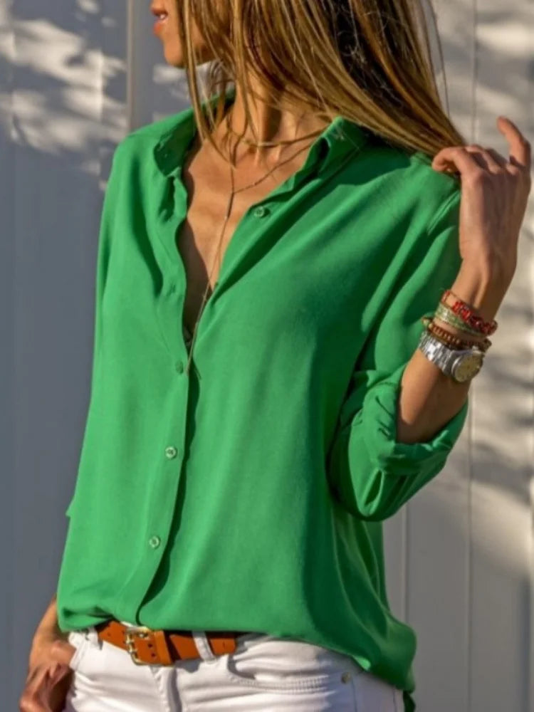 Women Elegant Solid Chiffon Blouse Spring